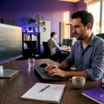 Un ingénieur développe un programme d’intelligence artificielle depuis son bureau à domicile.