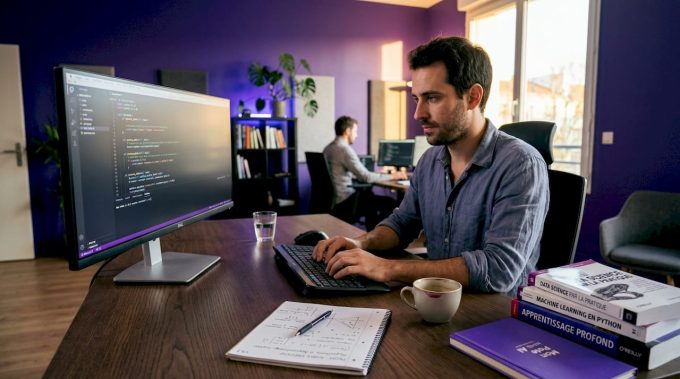 Un ingénieur développe un programme d’intelligence artificielle depuis son bureau à domicile.