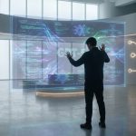 Un homme interagit avec une interface holographique futuriste affichant GPT-5 dans un environnement technologique moderne.