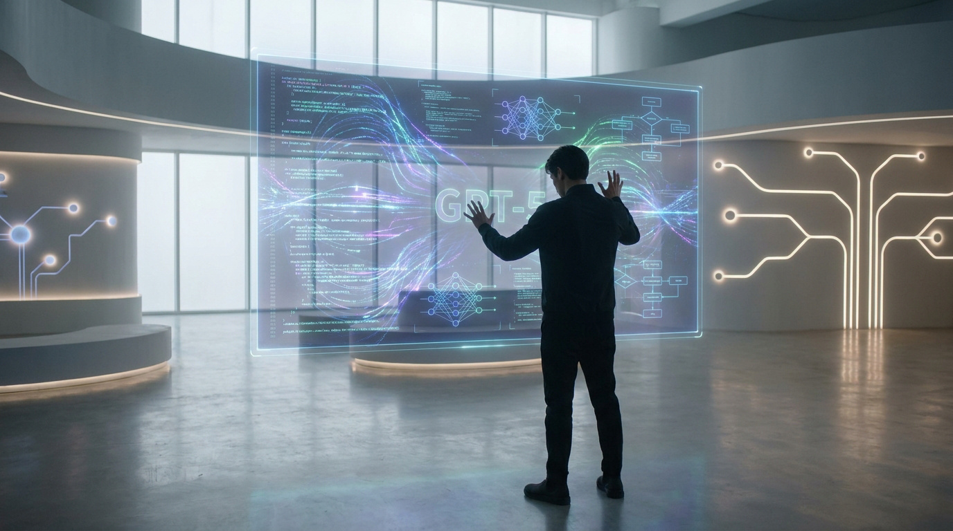Un homme interagit avec une interface holographique futuriste affichant GPT-5 dans un environnement technologique moderne.